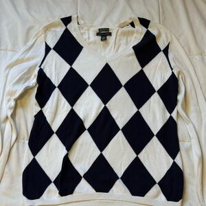 Tommy Hilfiger Black and White Argyle V-Neck Sweater
